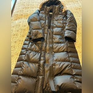 Eddie Bauer Women's Black Down Puffer Coat with Fur Trim length 42 inches